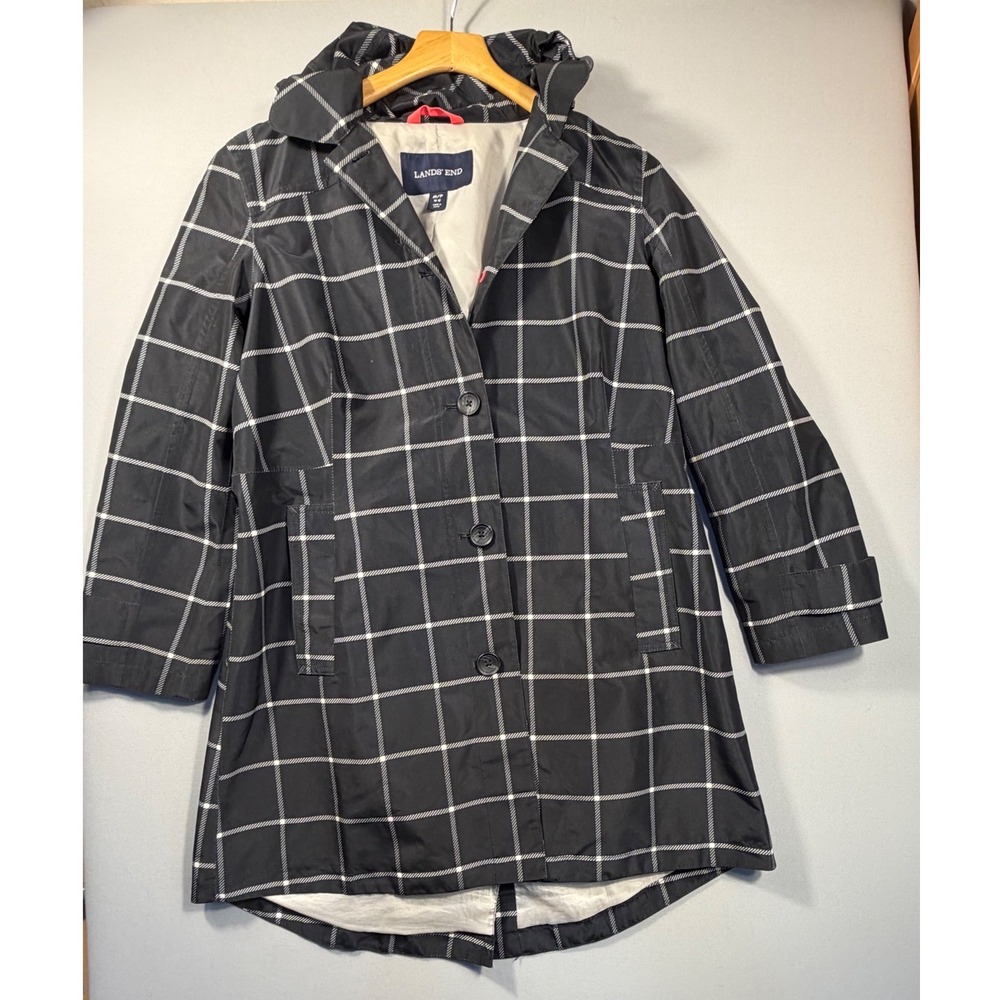 Lands End Womens Windowpane Plaid Hooded Raincoat Black White Size M